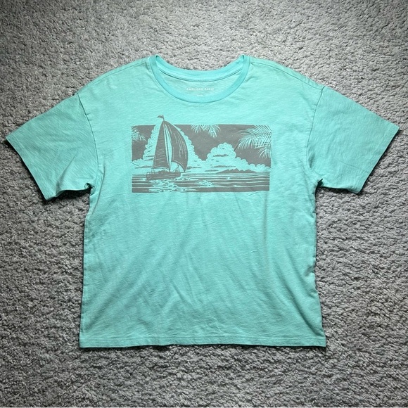 American Eagle Shirt Womens Small Crewneck Tee Crop Top Sail Boat Beach Casual - Picture 1 of 3